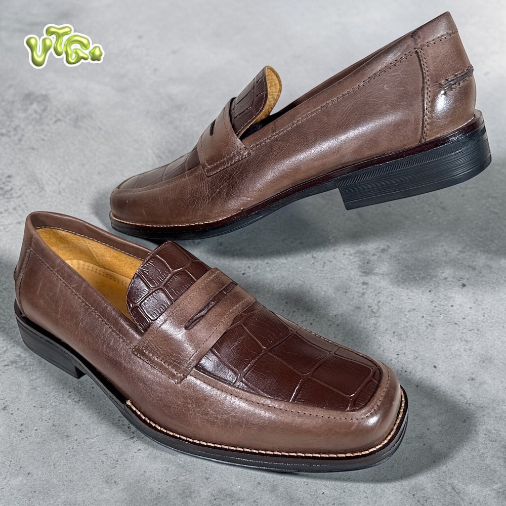 Vtg SANDRO MOSCOLONI Croc Embossed Brown Leather Penny Loafers M9D Brazil NWOT‎